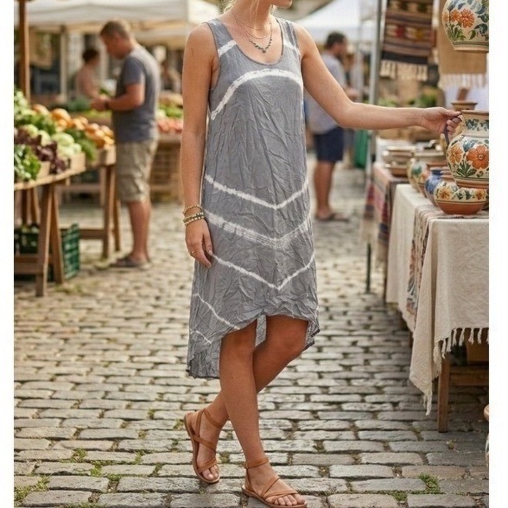 Mono B Sky Tie Dye Hi Low Maxi Dress‎ Grey Medium Boho Summer Beach Sun Tank